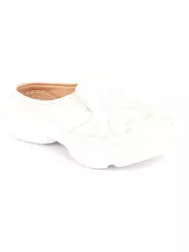 Women White Floral Print Embroidery Design Back Open Slip On Mules Shoes