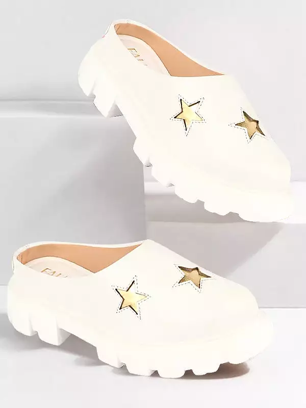 Women White Laser Cut Star Open Back Height Enhancer Slip On Casual Shoes