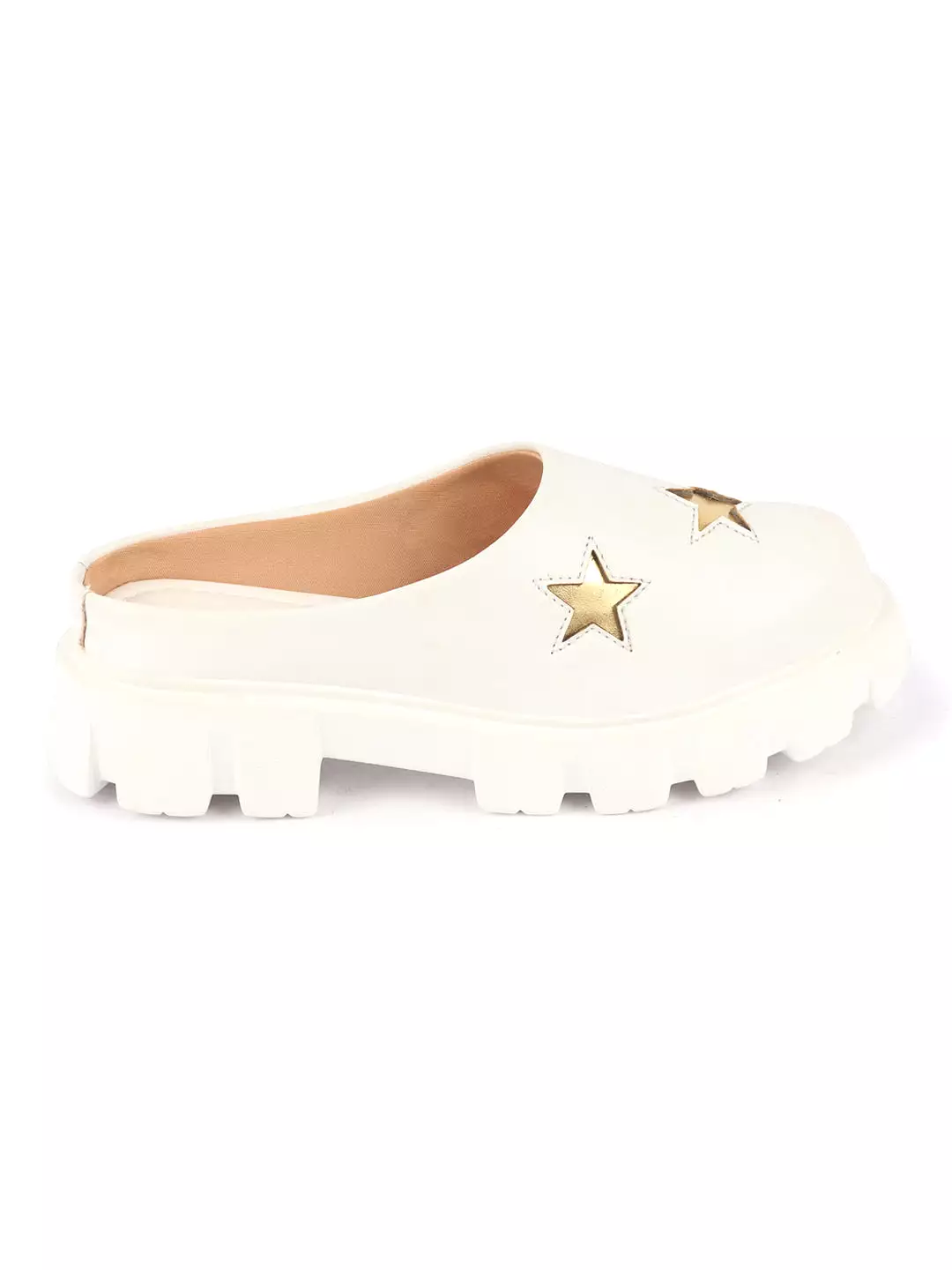 Women White Laser Cut Star Open Back Height Enhancer Slip On Casual Shoes