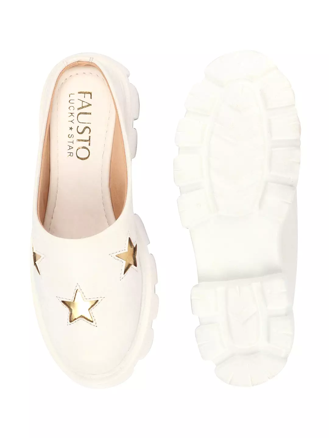 Women White Laser Cut Star Open Back Height Enhancer Slip On Casual Shoes