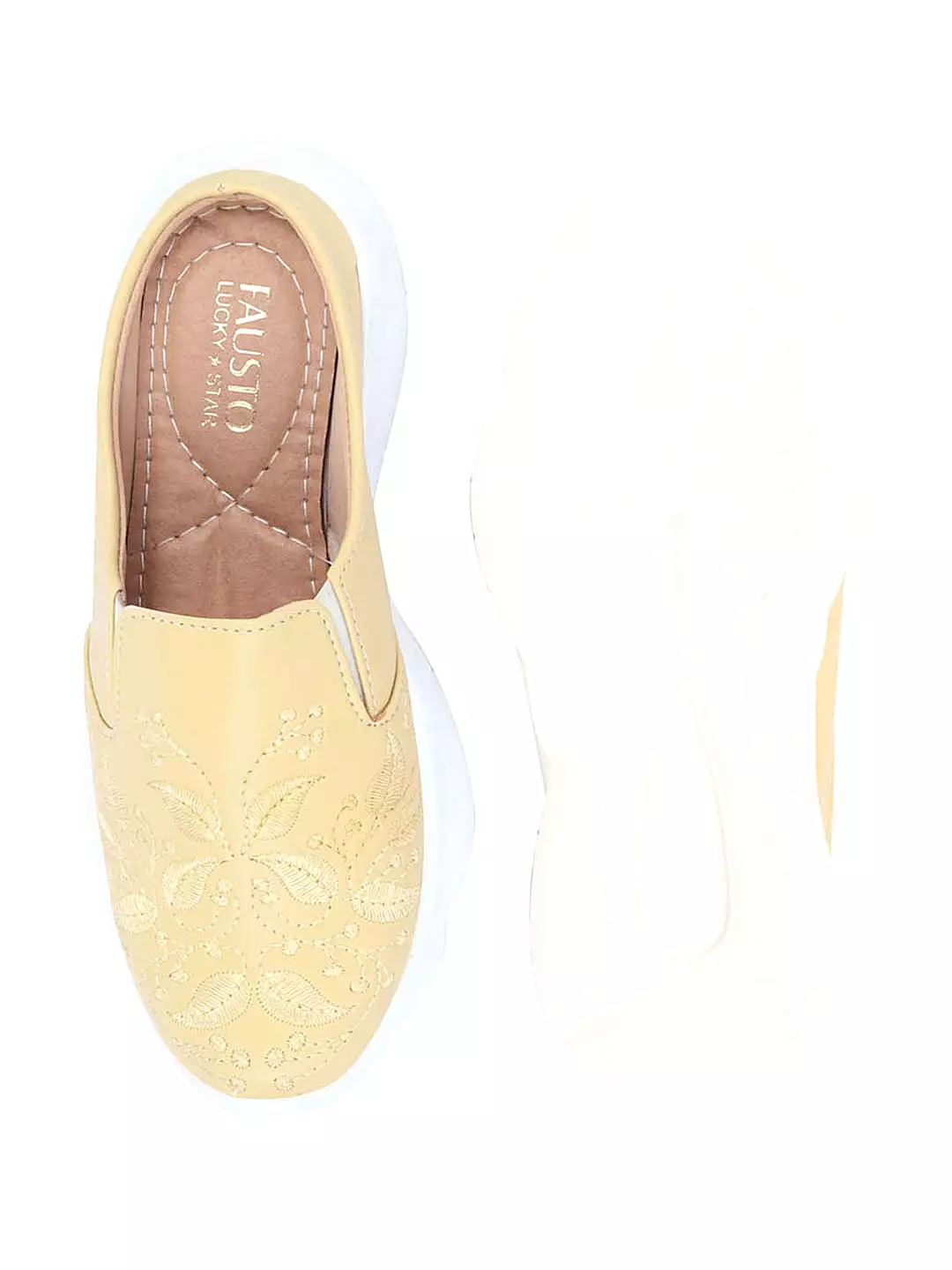 Women Yellow Leaf Print Embroidery Design Back Open Slip On Mules Shoes