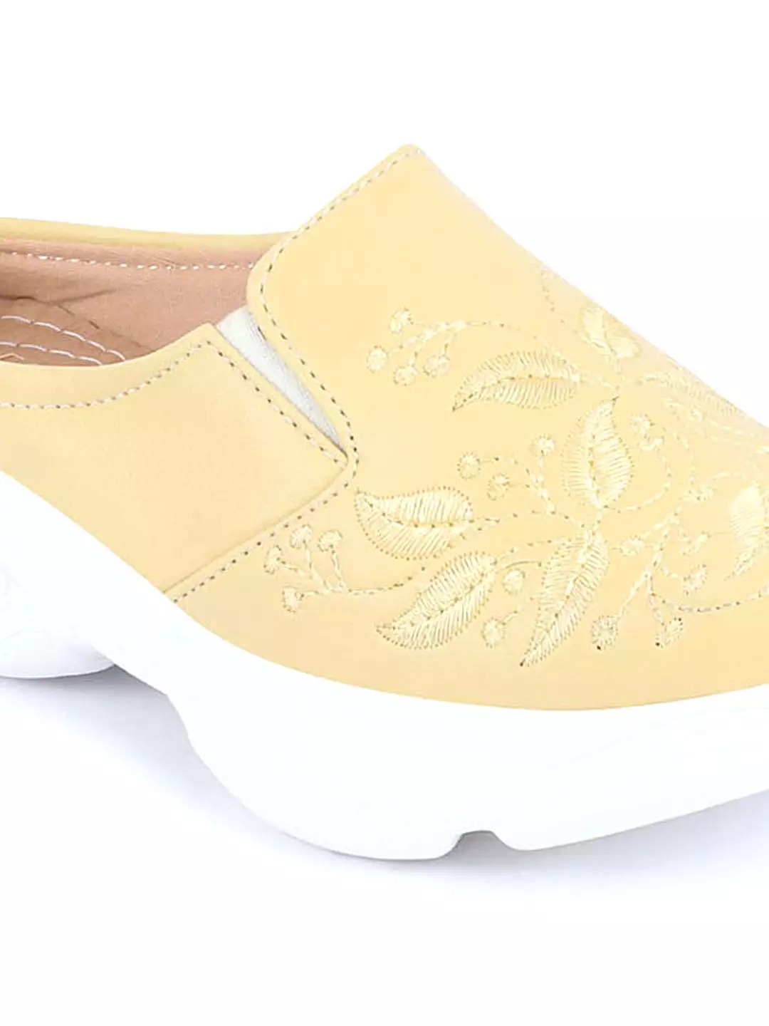 Women Yellow Leaf Print Embroidery Design Back Open Slip On Mules Shoes