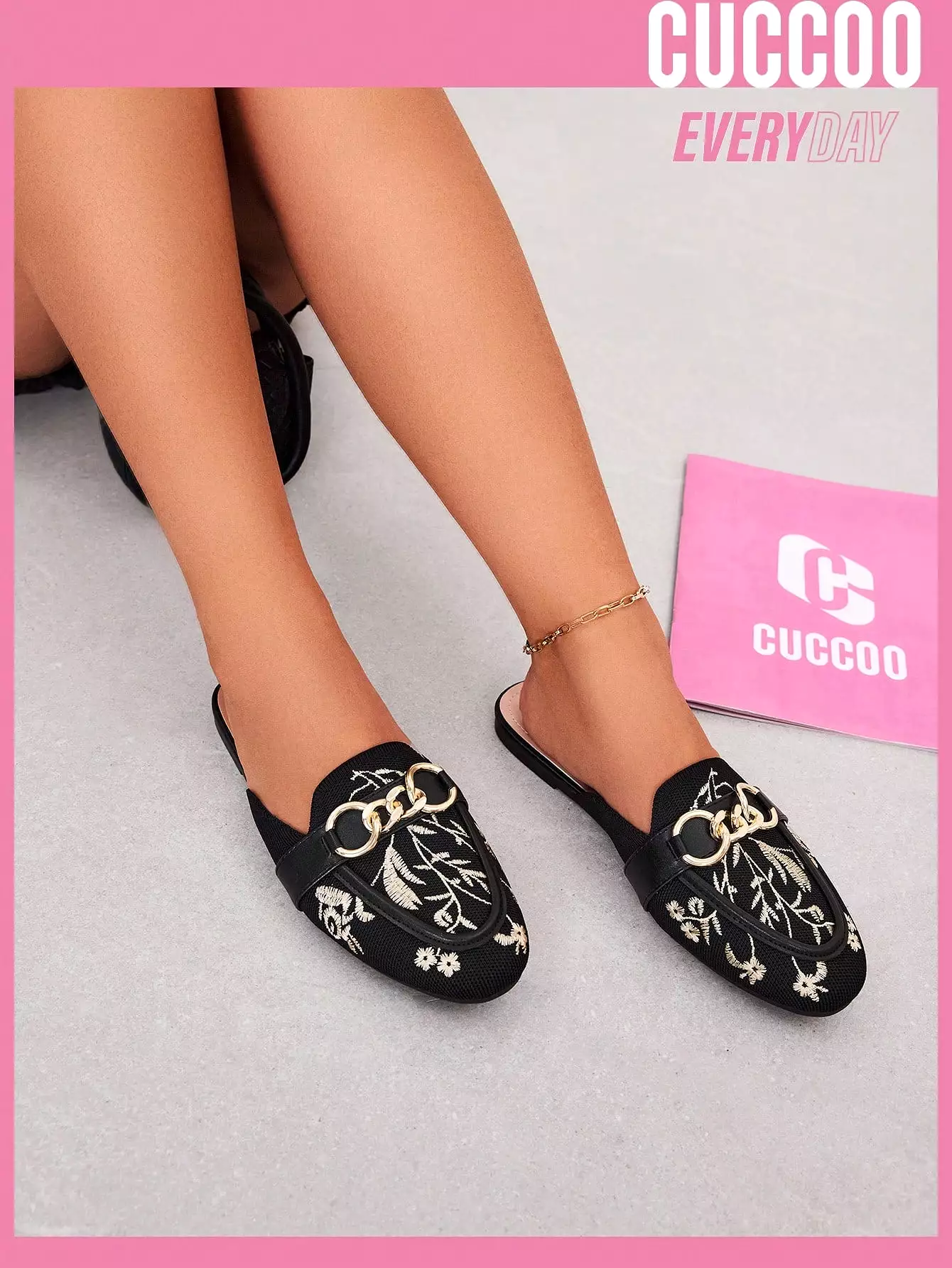 Women's Black Embroidered Comfortable Flat Mules In Wide Fit Plus Size