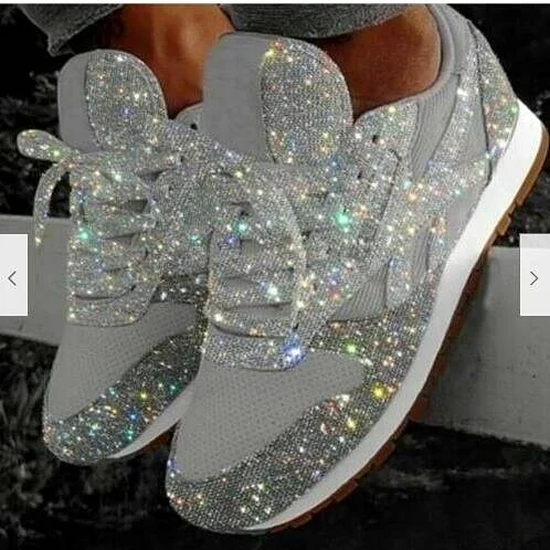 Women's Sequin Glitter Lace Up Athletic Sneakers Rhinestones Wedge Leisure Running Shoes