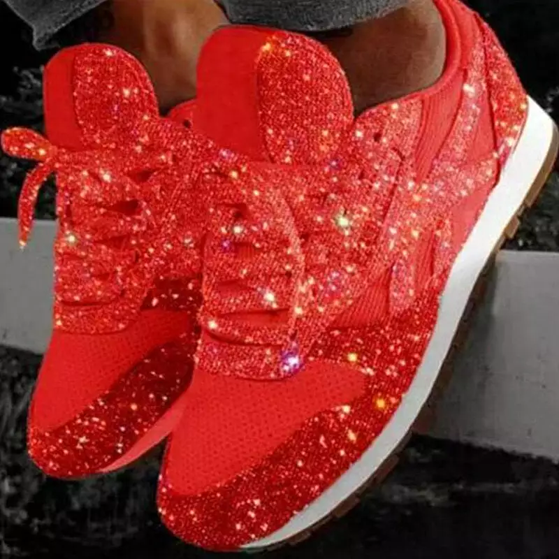 Women's Sequin Glitter Lace Up Athletic Sneakers Rhinestones Wedge Leisure Running Shoes