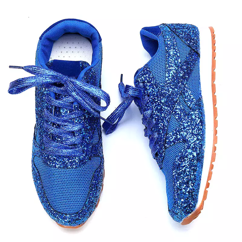 Women's Sequin Glitter Lace Up Athletic Sneakers Rhinestones Wedge Leisure Running Shoes