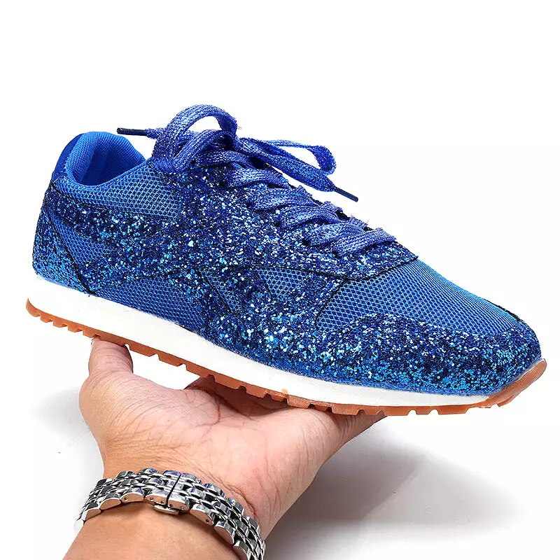 Women's Sequin Glitter Lace Up Athletic Sneakers Rhinestones Wedge Leisure Running Shoes