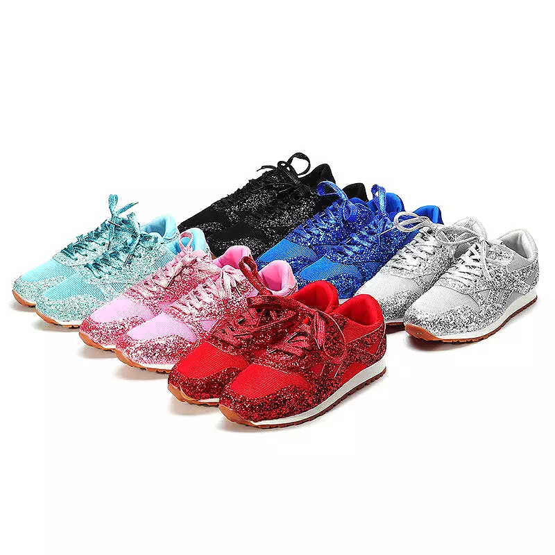 Women's Sequin Glitter Lace Up Athletic Sneakers Rhinestones Wedge Leisure Running Shoes