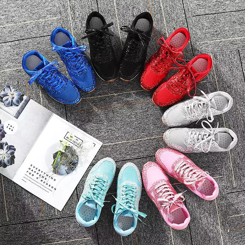 Women's Sequin Glitter Lace Up Athletic Sneakers Rhinestones Wedge Leisure Running Shoes